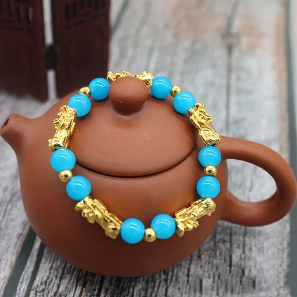 Chinese Pixiu Good Luck Bracelet with Sea Blue and Gold Dragon Beads